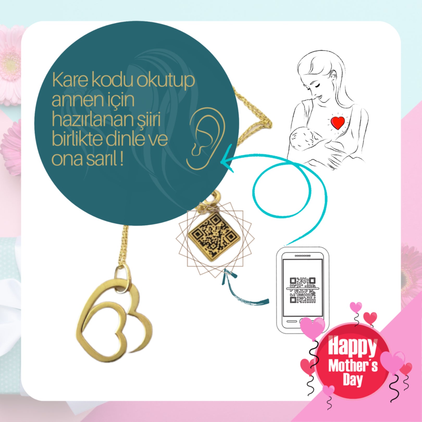 Anne Şiiri Kolye, Anneler Günü Hediyesi Kare Kodlu Şiir Kolye
